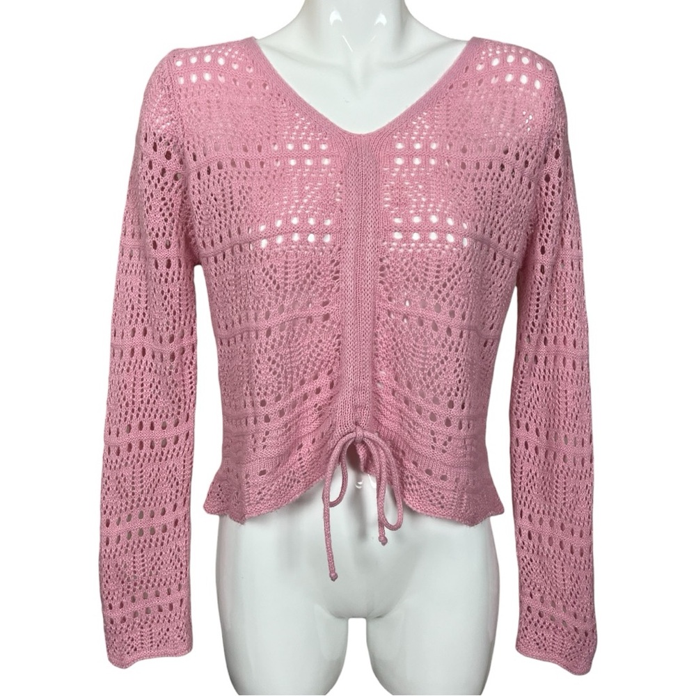 Jolie & Joy Pink Open Crochet Knit Scalloped Hem Cinched Front Sweater XL